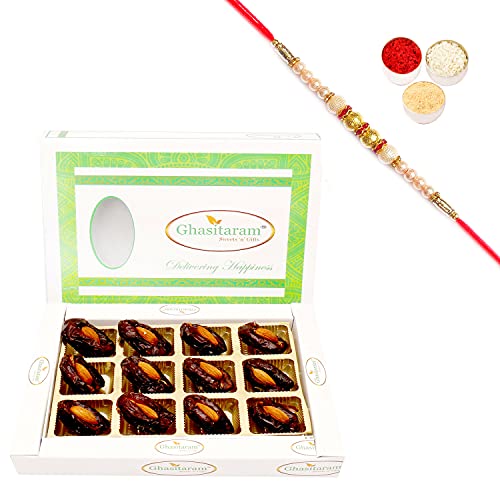 Ghasitaram Gifts Rakhi Gifts for Brothers Rakhi Dryfruits- Premum Dates with Almonds in White Box with Pearl Rakhi Ghasitaram Gifts Rakhi Gifts for Brothers Rakhi Dryfruits- Premum Dates with Almonds in White Box with Pearl Rakhi von Ghasitaram Gifts