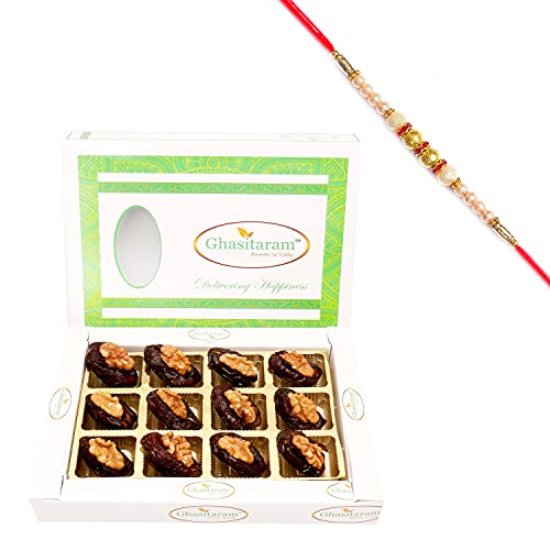 Ghasitaram Gifts Rakhi Gifts for Brothers Rakhi Dryfruits Premum Dates with Walnuts in White Box with Pearl Rakhi von Ghasitaram Gifts