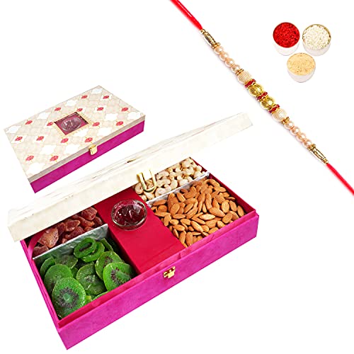 Ghasitaram Gifts Rakhi Gifts for Brothers Rakhi Dryfruits Rangoli Box of 4 Assorted Dryfruits with Pearl Rakhi von Ghasitaram Gifts