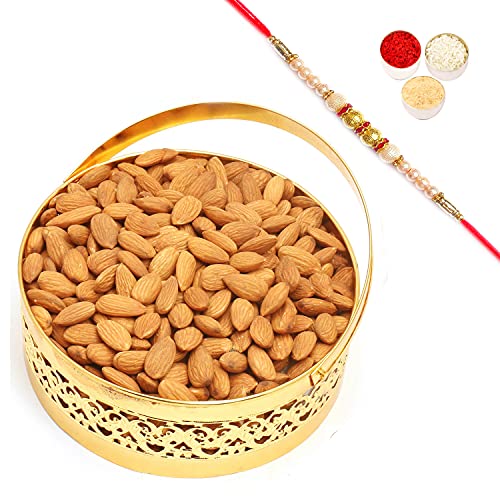 Ghasitaram Gifts Rakhi Gifts for Brothers Rakhi Dryfruits Round Golden Almonds Basket with Pearl Rakhi von Ghasitaram Gifts