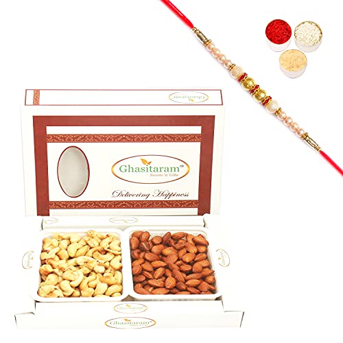 Ghasitaram Gifts Rakhi Gifts for Brothers Rakhi Dryfruits- Salted Cashews and Salted Almonds in White Box with Pearl Rakhi von Ghasitaram Gifts