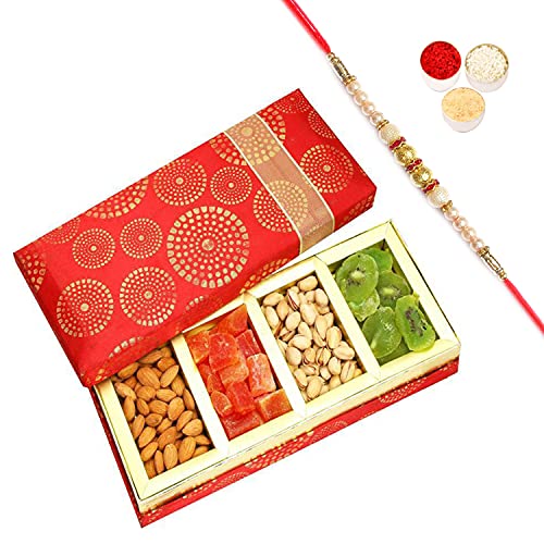 Ghasitaram Gifts Rakhi Gifts for Brothers Rakhi Dryfruits- Satin 4 Part Almonds, Pistachios, Kiwi and Papaya Box with Pearl Rakhi von Ghasitaram Gifts