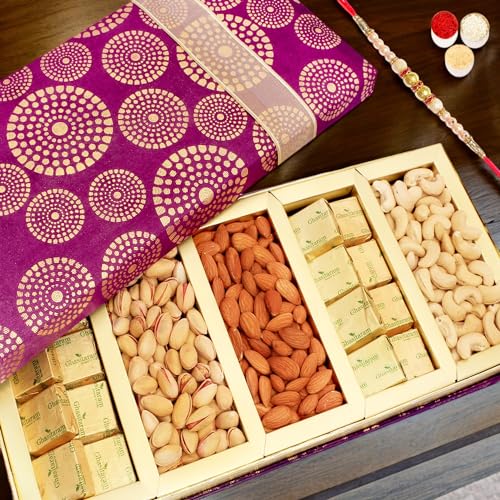 Ghasitaram Gifts Rakhi Gifts for Brothers Rakhi Dryfruits - Satin 5 Part Dryfruit and Chocolate Box Hamper with Pearl Rakhi von Ghasitaram Gifts