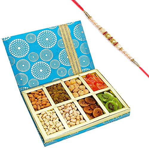 Ghasitaram Gifts Rakhi Gifts for Brothers Rakhi Dryfruits - Satin 8 Part Assorted Dryfruit Box with Pearl Rakhi von Ghasitaram Gifts