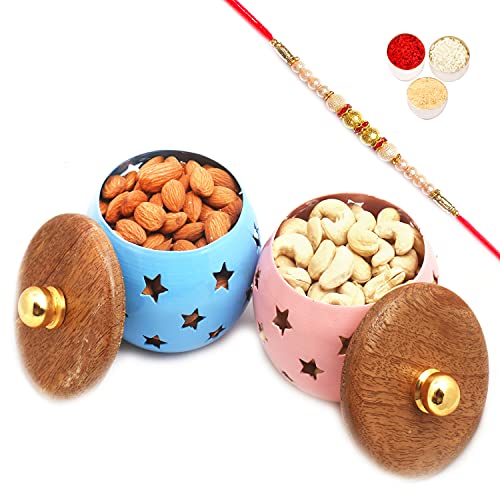 Ghasitaram Gifts Rakhi Gifts for Brothers Rakhi Dryfruits- Set of 2 Almonds and Cashews Metal Jars with Pearl Rakhi von Ghasitaram Gifts