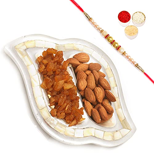 Ghasitaram Gifts Rakhi Gifts for Brothers Rakhi Dryfruits- Silver 2 Part Almonds and Masala Mango Tray with Pearl Rakhi von Ghasitaram Gifts