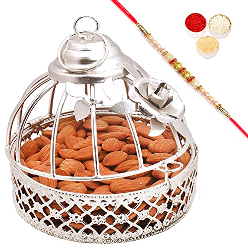 Ghasitaram Gifts Rakhi Gifts for Brothers Rakhi Dryfruits- Silver Almonds Cage with Pearl Rakhi von Ghasitaram Gifts