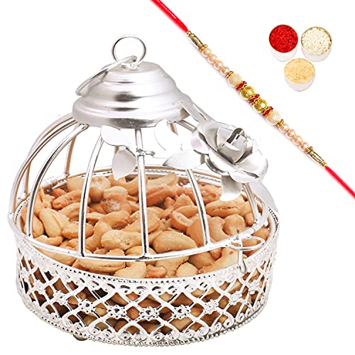 Ghasitaram Gifts Rakhi Gifts for Brothers Rakhi Dryfruits- Silver Roasted Cashews Cage with Pearl Rakhi von Ghasitaram Gifts