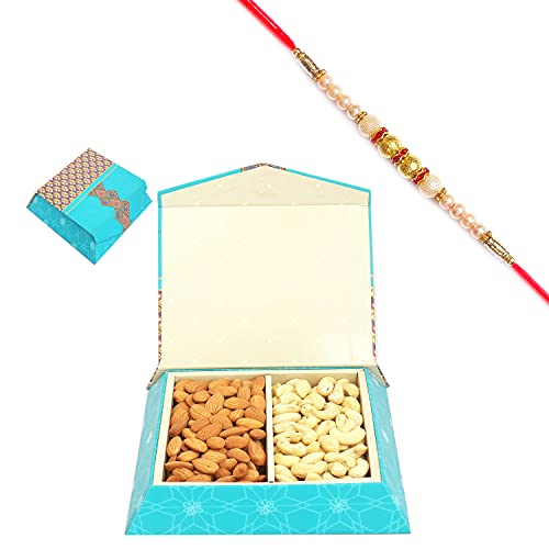 Ghasitaram Gifts Rakhi Gifts for Brothers Rakhi Dryfruits Tapered Almonds Cashew Box 300 GMS with Pearl Rakhi von Ghasitaram Gifts