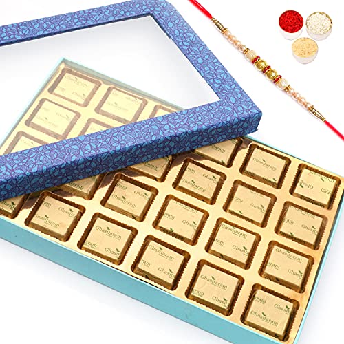 Ghasitaram Gifts Rakhi Gifts for Brothers Rakhi Sugafree Chocolates-Blue Window 24 Cavity Assorted Sugafree Chocolate Box with Pearl Rakhi von Ghasitaram Gifts