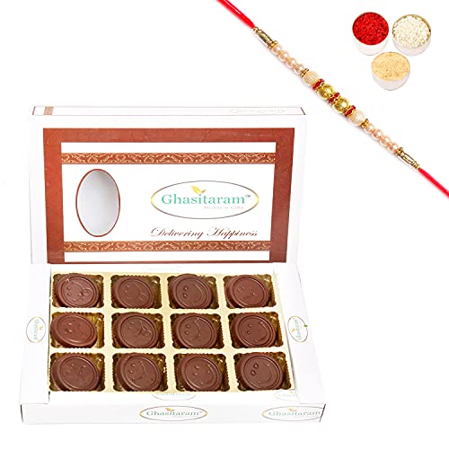 Ghasitaram Gifts Rakhi Gifts for Brothers Rakhi Sugafree Chocolates-Smiley Chococlates in White Box with Pearl Rakhi von Ghasitaram Gifts