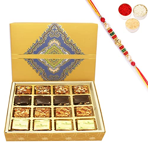 Ghasitaram Gifts Rakhi Gifts for Brothers Rakhi Sweets - 16 pcs Assorted Bites SQ Box with Beads Rakhi von Ghasitaram Gifts