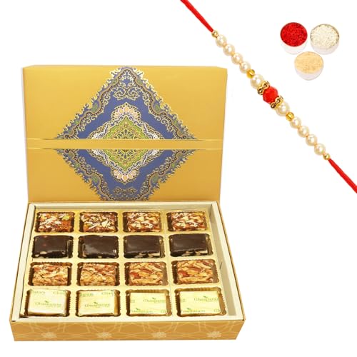 Ghasitaram Gifts Rakhi Gifts for Brothers Rakhi Sweets - 16 pcs Assorted Bites SQ Box with Beads Rakhi von Ghasitaram Gifts