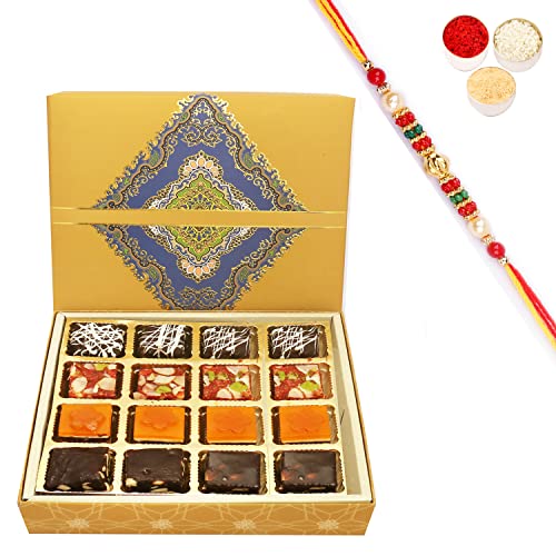 Ghasitaram Gifts Rakhi Gifts for Brothers Rakhi Sweets - 16 pcs Ghasitaram Special Bites SQ Box with Beads Rakhi von Ghasitaram Gifts