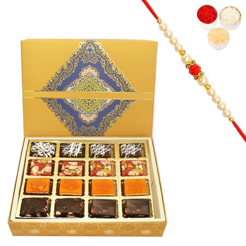 Ghasitaram Gifts Rakhi Gifts for Brothers Rakhi Sweets - 16 pcs Ghasitaram Special Bites SQ Box with Beads Rakhi von Ghasitaram Gifts