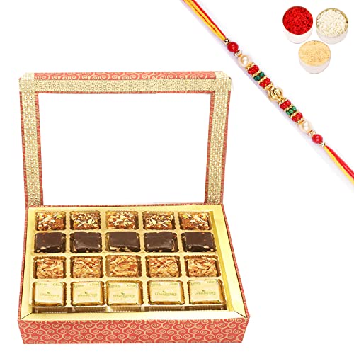 Ghasitaram Gifts Rakhi Gifts for Brothers Rakhi Sweets - 20 pcs Assorted Bites Hamper Box with Beads Rakhi von Ghasitaram Gifts