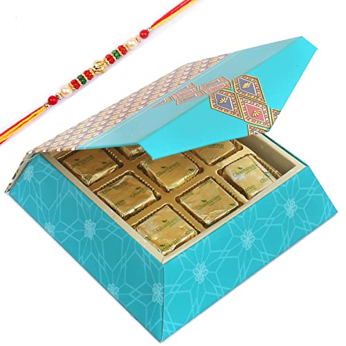 Ghasitaram Gifts Rakhi Gifts for Brothers Rakhi Sweets - 9 pcs MEWA Bites SQ Box with Beads Rakhi von Ghasitaram Gifts