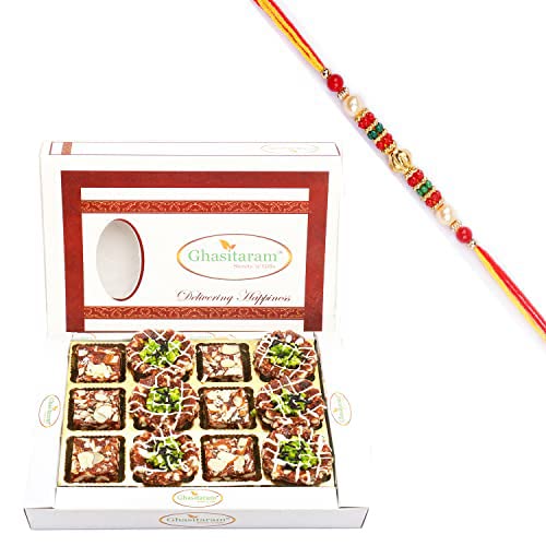 Ghasitaram Gifts Rakhi Gifts for Brothers Rakhi Sweets - Assorted Anjeer Sweets 12 Pcs with Beads Rakhi von Ghasitaram Gifts
