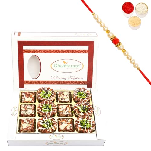 Ghasitaram Gifts Rakhi Gifts for Brothers Rakhi Sweets - Assorted Anjeer Sweets 12 Pcs with Beads Rakhi von Ghasitaram Gifts