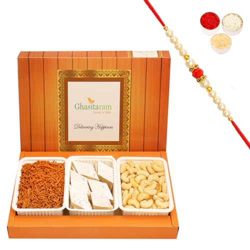 Ghasitaram Gifts Rakhi Gifts for Brothers Rakhi Sweets - Assorted Box Kaju Katli, SOYA Sev and Cashew Shaped Biscuits with Beads Rakhi Ghasitaram Gifts Rakhi Gifts for Brothers Rakhi Sweets - Assorted Box Kaju Katli, SOYA Sev and Cashew Shaped Biscuits with Beads Rakhi von Ghasitaram Gifts