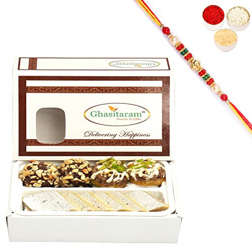 Ghasitaram Gifts Rakhi Gifts for Brothers Rakhi Sweets - Assorted Box Pure Kaju Katlis, Dryfruit Sweets 200 GMS with Beads Rakhi von Ghasitaram Gifts