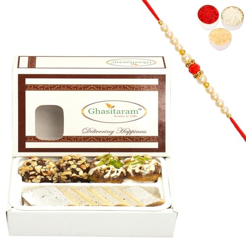 Ghasitaram Gifts Rakhi Gifts for Brothers Rakhi Sweets - Assorted Box Pure Kaju Katlis, Dryfruit Sweets 200 GMS with Beads Rakhi Ghasitaram Gifts Rakhi Gifts for Brothers Rakhi Sweets - Assorted Box Pure Kaju Katlis, Dryfruit Sweets 200 GMS with Beads Rakhi von Ghasitaram Gifts