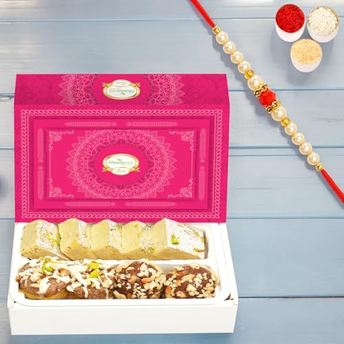 Ghasitaram Gifts Rakhi Gifts for Brothers Rakhi Sweets - Assorted Box of Barfis, Dryfruit Sweets 200 GMS with Beads Rakhi von Ghasitaram Gifts