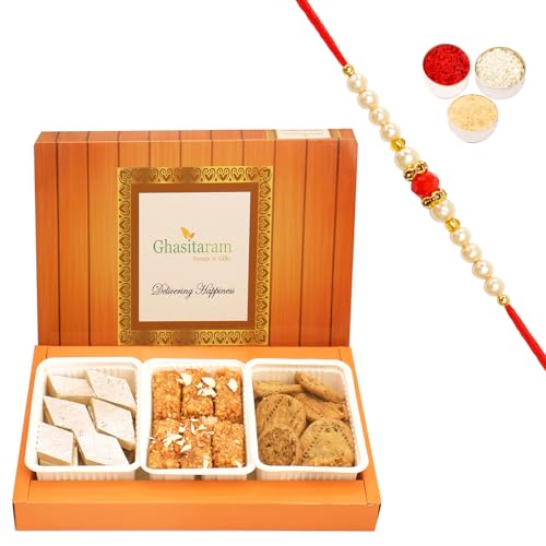 Ghasitaram Gifts Rakhi Gifts for Brothers Rakhi Sweets - Assorted Box of Kaju Katli, Milk Cake and Methi Mathi with Beads Rakhi von Ghasitaram Gifts