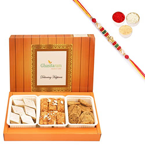 Ghasitaram Gifts Rakhi Gifts for Brothers Rakhi Sweets - Assorted Box of Kaju Katli, Milk Cake and Methi Mathi with Beads Rakhi von Ghasitaram Gifts