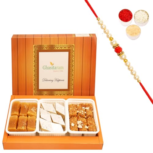 Ghasitaram Gifts Rakhi Gifts for Brothers Rakhi Sweets - Assorted Box of Kaju Katli, Milk Cake and Soft Mysore Pak with Beads Rakhi von Ghasitaram Gifts