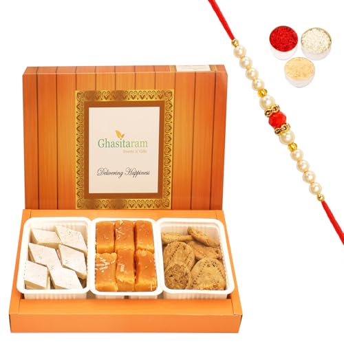 Ghasitaram Gifts Rakhi Gifts for Brothers Rakhi Sweets - Assorted Box of Kaju Katli, Mysore Pak and Methi Mathi with Beads Rakhi von Ghasitaram Gifts