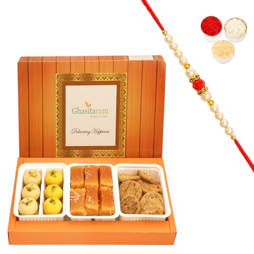 Ghasitaram Gifts Rakhi Gifts for Brothers Rakhi Sweets - Assorted Box of Mawa Peda; Mysore Pak and Methi Mathi with Beads Rakhi von Ghasitaram Gifts