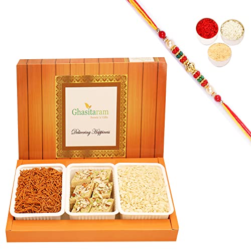 Ghasitaram Gifts Rakhi Gifts for Brothers Rakhi Sweets - Assorted Box of Sugarfree Kaju Katli, Diet Chiwda and SOYA Sev with Beads Rakhi von Ghasitaram Gifts