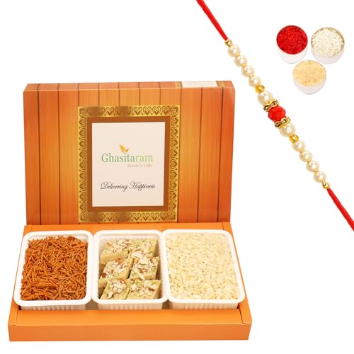 Ghasitaram Gifts Rakhi Gifts for Brothers Rakhi Sweets - Assorted Box of Sugarfree Kaju Katli, Diet Chiwda and SOYA Sev with Beads Rakhi von Ghasitaram Gifts