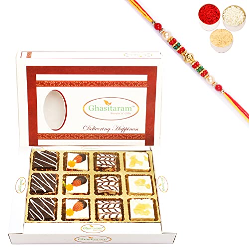 Ghasitaram Gifts Rakhi Gifts for Brothers Rakhi Sweets - Assorted Chocolate Dryfruit Delight Sweets 12 pcs with Beads Rakhi von Ghasitaram Gifts