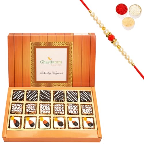 Ghasitaram Gifts Rakhi Gifts for Brothers Rakhi Sweets - Assorted Chocolate Dryfruit Delight Sweets 18 pcs with Beads Rakhi von Ghasitaram Gifts