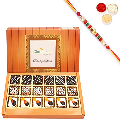 Ghasitaram Gifts Rakhi Gifts for Brothers Rakhi Sweets - Assorted Chocolate Dryfruit Delight Sweets 18 pcs with Beads Rakhi von Ghasitaram Gifts