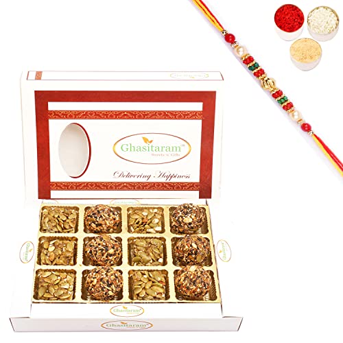 Ghasitaram Gifts Rakhi Gifts for Brothers Rakhi Sweets - Assorted Healthy Seeds Sweets Box 12 pcs with Beads Rakhi von Ghasitaram Gifts