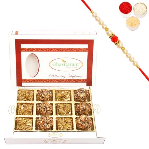 Ghasitaram Gifts Rakhi Gifts for Brothers Rakhi Sweets - Assorted Healthy Seeds Sweets Box 12 pcs with Beads Rakhi Ghasitaram Gifts Rakhi Gifts for Brothers Rakhi Sweets - Assorted Healthy Seeds Sweets Box 12 pcs with Beads Rakhi von Ghasitaram Gifts