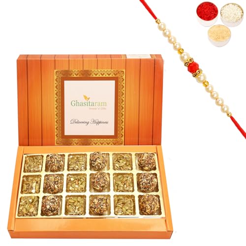 Ghasitaram Gifts Rakhi Gifts for Brothers Rakhi Sweets - Assorted Healthy Seeds Sweets Box 18 pcs with Beads Rakhi von Ghasitaram Gifts