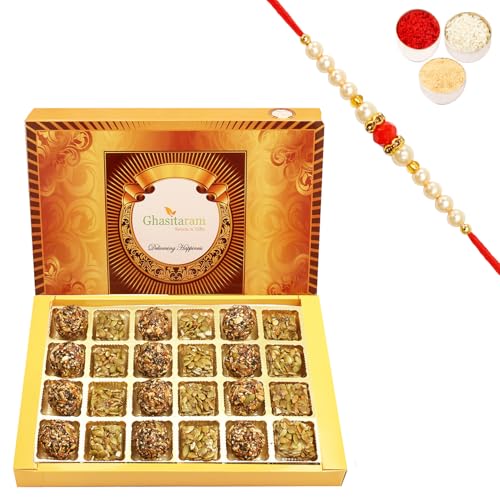 Ghasitaram Gifts Rakhi Gifts for Brothers Rakhi Sweets - Assorted Healthy Seeds Sweets Box 24 pcs with Beads Rakhi von Ghasitaram Gifts