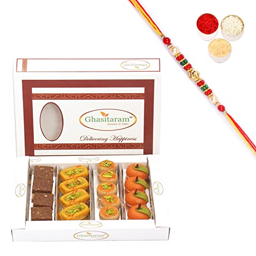 Ghasitaram Gifts Rakhi Gifts for Brothers Rakhi Sweets - Assorted Sweets Box (400 GMS) with Beads Rakhi von Ghasitaram Gifts