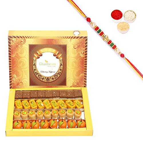 Ghasitaram Gifts Rakhi Gifts for Brothers Rakhi Sweets - Assorted Sweets Box (800 GMS) with Beads Rakhi von Ghasitaram Gifts