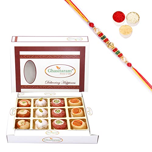 Ghasitaram Gifts Rakhi Gifts for Brothers Rakhi Sweets - Assorted Sweets in White Box with Beads Rakhi von Ghasitaram Gifts