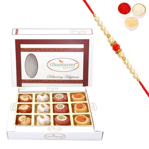 Ghasitaram Gifts Rakhi Gifts for Brothers Rakhi Sweets - Assorted Sweets in White Box with Beads Rakhi von Ghasitaram Gifts