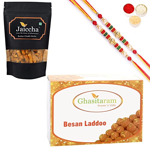 Ghasitaram Gifts Rakhi Gifts for Brothers Rakhi Sweets - Best of 2 Besan Laddoo and Butter Chakli Sticks Pouch with 2 Beads Rakhis von Ghasitaram Gifts