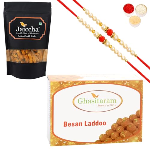 Ghasitaram Gifts Rakhi Gifts for Brothers Rakhi Sweets - Best of 2 Besan Laddoo and Butter Chakli Sticks Pouch with 2 Beads Rakhis von Ghasitaram Gifts