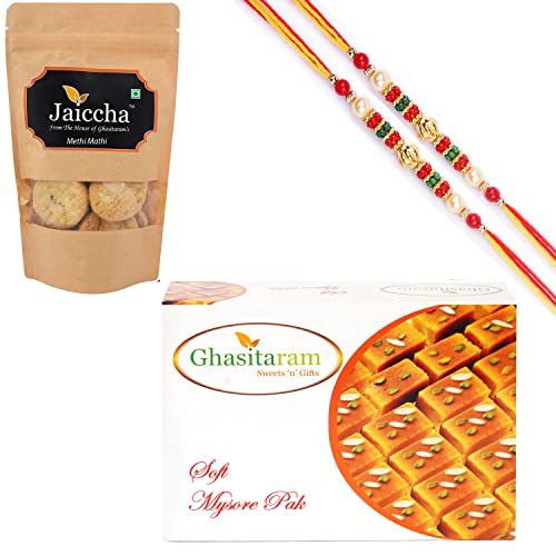 Ghasitaram Gifts Rakhi Gifts for Brothers Rakhi Sweets - Best of 2 Mysore Pak and Methi Mathi Pouch with 2 Beads Rakhis von Ghasitaram Gifts