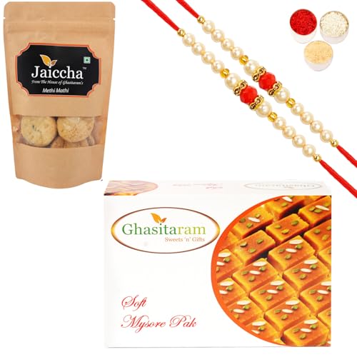 Ghasitaram Gifts Rakhi Gifts for Brothers Rakhi Sweets - Best of 2 Mysore Pak and Methi Mathi Pouch with 2 Beads Rakhis Ghasitaram Gifts Rakhi Gifts for Brothers Rakhi Sweets - Best of 2 Mysore Pak and Methi Mathi Pouch with 2 Beads Rakhis von Ghasitaram Gifts
