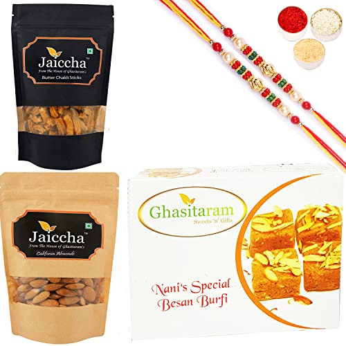 Ghasitaram Gifts Rakhi Gifts for Brothers Rakhi Sweets - Best of 3 Besan Barfi, Methi Mathi Pouch and Almonds Pouch with 2 Beads Rakhis von Ghasitaram Gifts